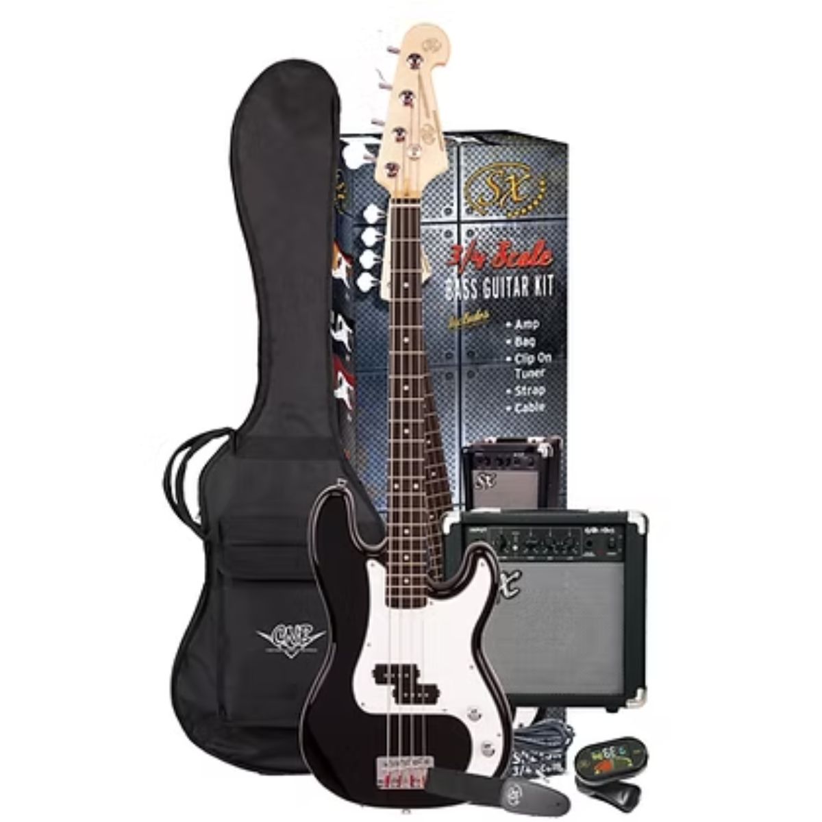 SX SB2 3/4 Size Precision Style Bass Pack and 15-Watt Amp | Black | Waltons Music SX SB2 3/4 Size Precision Style Bass Pack and 15-Watt Amp | Black