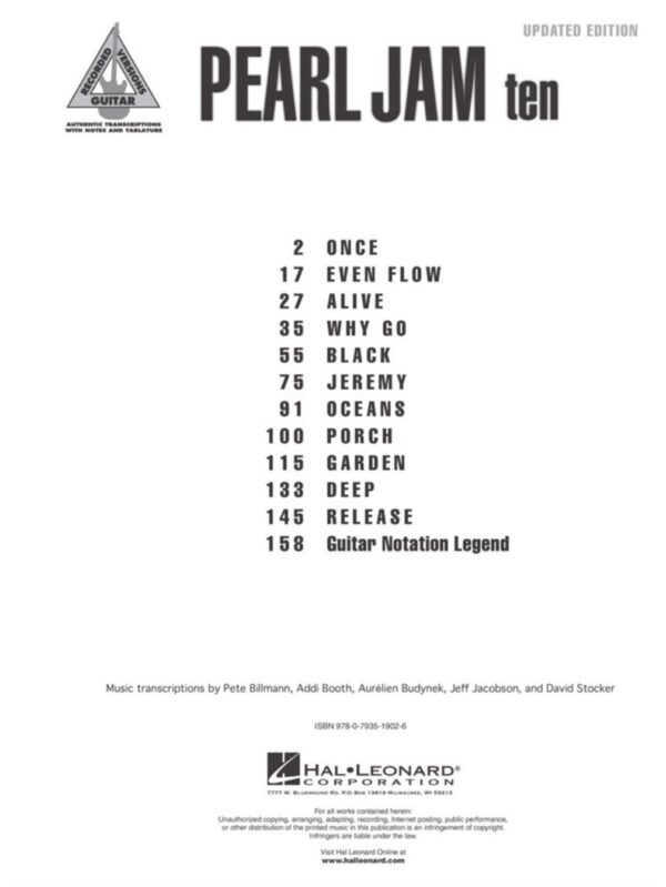 Pearl Jam | Ten | Guitar Tablature Songbook
