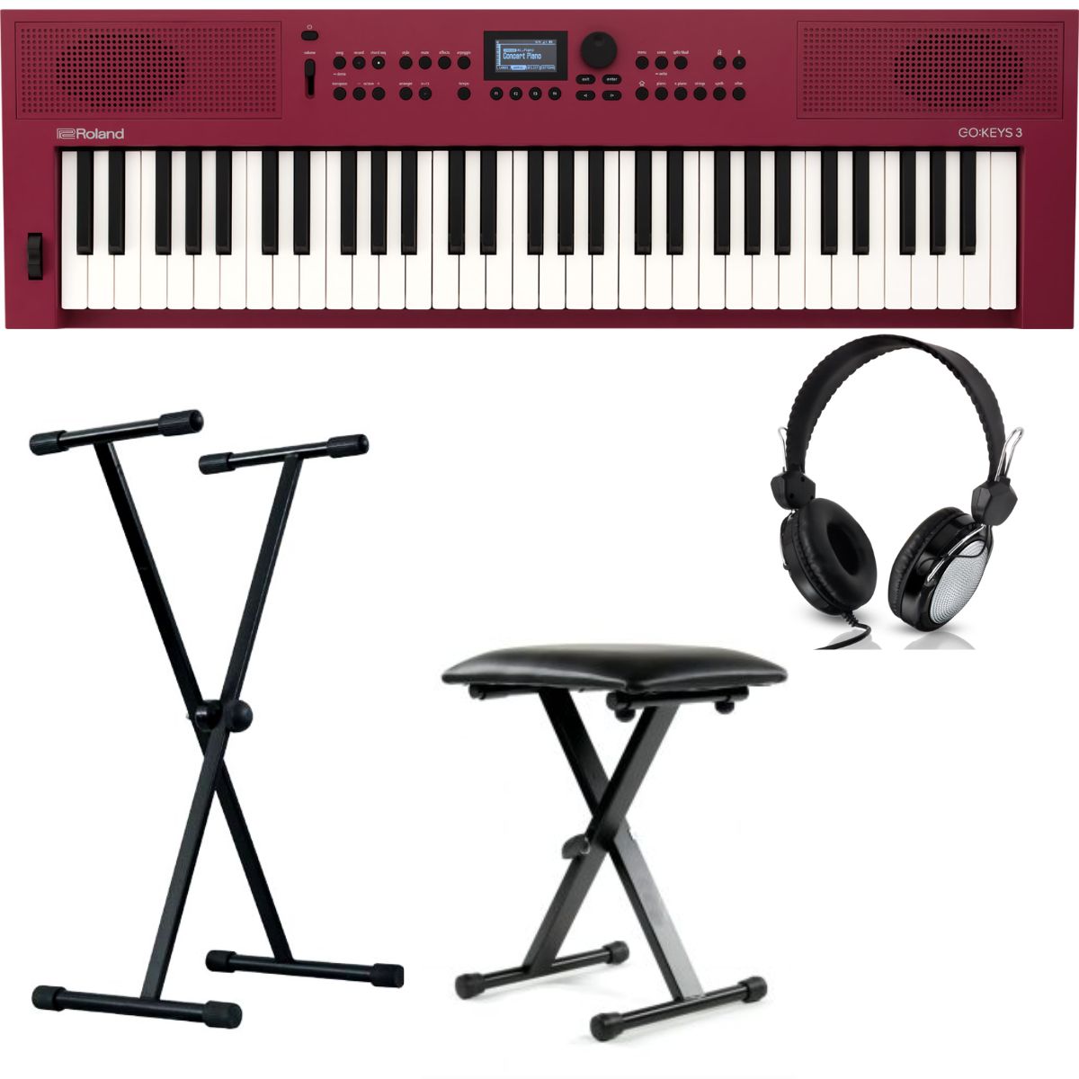 Roland GO keys 3 Bundle with Stand, Headphones, Bench | Dark Red | Waltons Music Roland GO keys 3 Bundle with Stand, Headphones, Bench | Dark Red