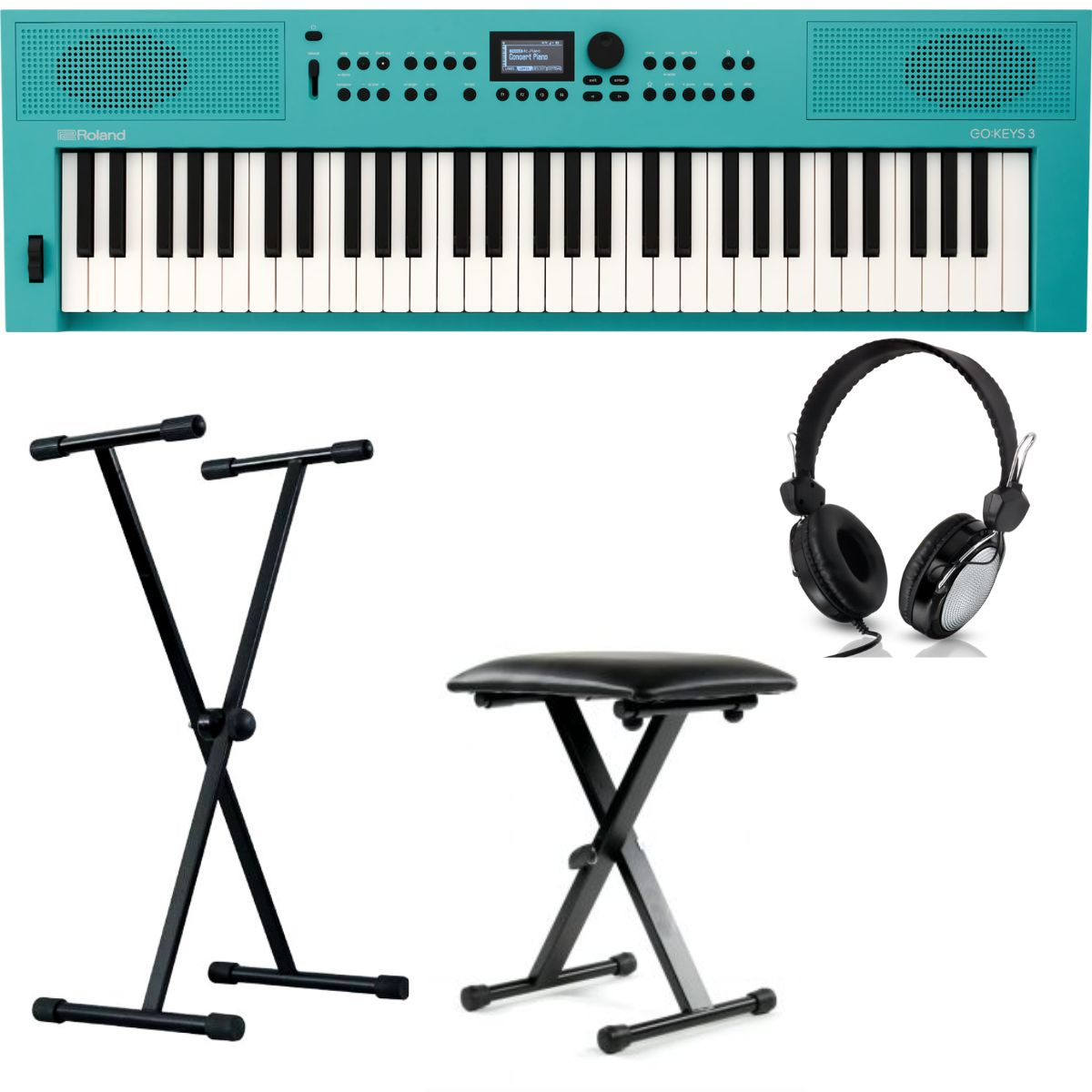 Roland GO keys 3 Bundle with Stand, Headphones, Bench | Turquoise | Waltons Music Roland GO keys 3 Bundle with Stand, Headphones, Bench | Turquoise