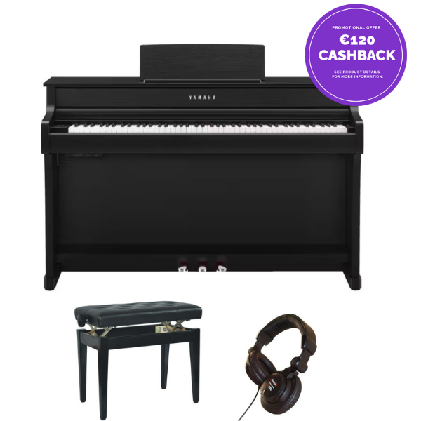 Yamaha CLP835 Deluxe Piano Bundle | Adjustable stool and Headphones | Black | Cashback Offer | Waltons Music Yamaha CLP835 Deluxe Piano Bundle | Adjustable stool and Headphones | Black | Cashback Offer