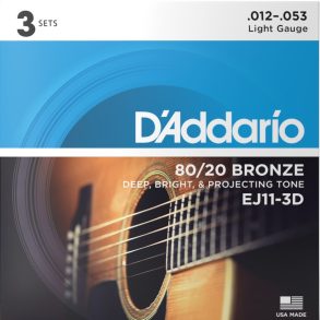 D'Addario EJ11| 80/20 Bronze Acoustic Guitar String Set | Light | 12-53 | 3 Set Value Pack