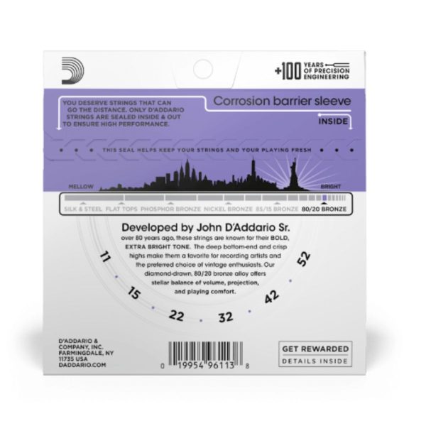 D'Addario EJ13| 80/20 Bronze Acoustic Guitar String Set | med -light |  11-52