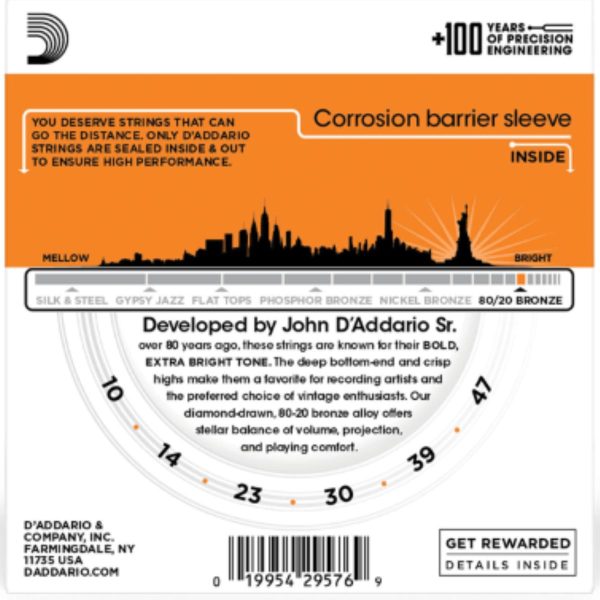 D'Addario EJ10| 80/20 Bronze Acoustic Guitar String set  | Extra Light |  10-47 | 3 Set Value Pack
