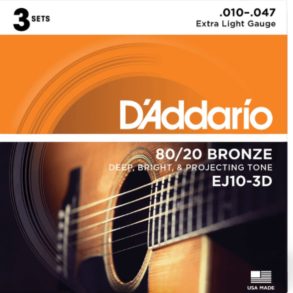 D'Addario EJ10| 80/20 Bronze Acoustic Guitar String set  | Extra Light |  10-47 | 3 Set Value Pack
