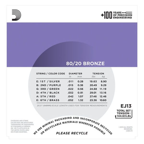 D'Addario EJ13| 80/20 Bronze Acoustic Guitar String Set | med -light |  11-52 | 3 Set Value Pack
