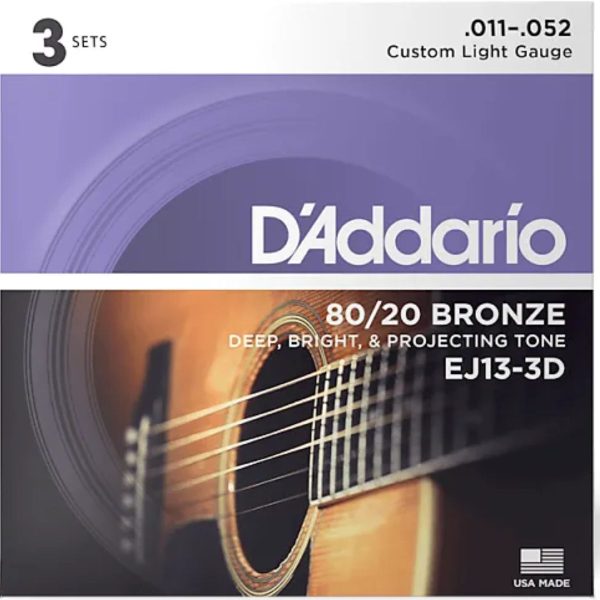 D'Addario EJ13| 80/20 Bronze Acoustic Guitar String Set | med -light |  11-52 | 3 Set Value Pack