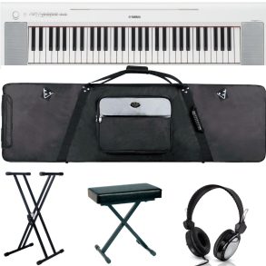 Yamaha NP-15 Deluxe Keyboard Bundle with Stand, Bench, GigBag, Headphones |White