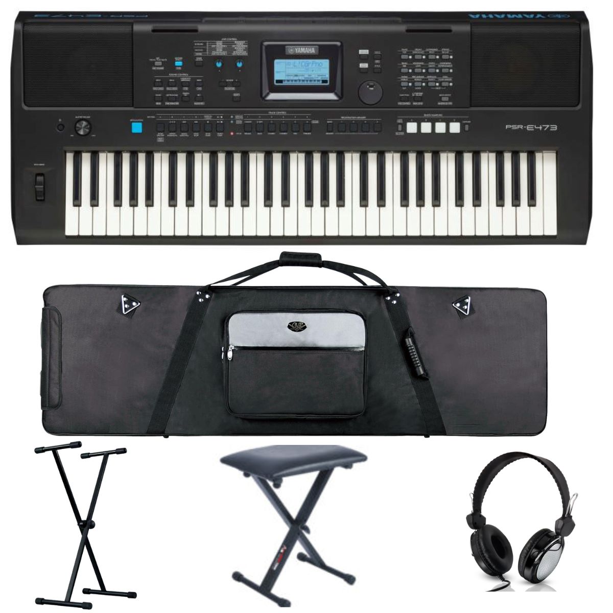 Yamaha PSR E473 Deluxe Bundle with Keyboard, Stool, Stand ,Headphones, Bag | Waltons Music Yamaha PSR E473 Deluxe Bundle with Keyboard, Stool, Stand ,Headphones, Bag