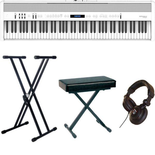Roland FP60X-1 Piano Bundle with X style Stand, Padded Bench and Headphones | White