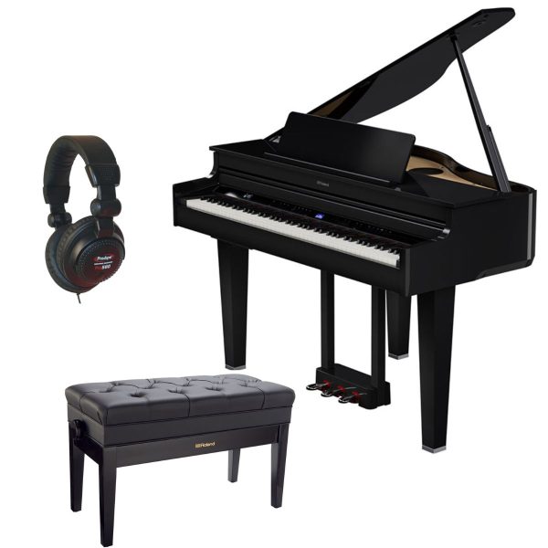 Roland GP-6 | Elegant Baby Grand Piano Bundle, stool, headphones | Polished Ebony