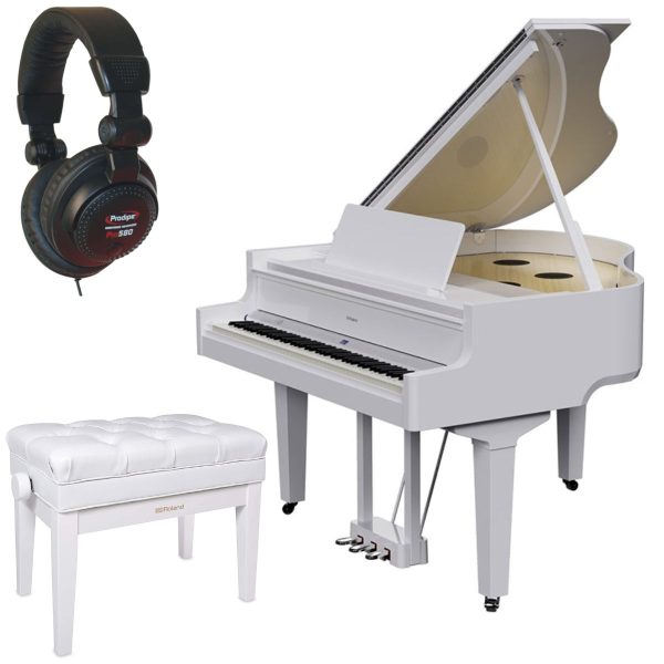 Roland GP-9 Flagship Grand style Piano Bundle, stool, headphones | Polished White