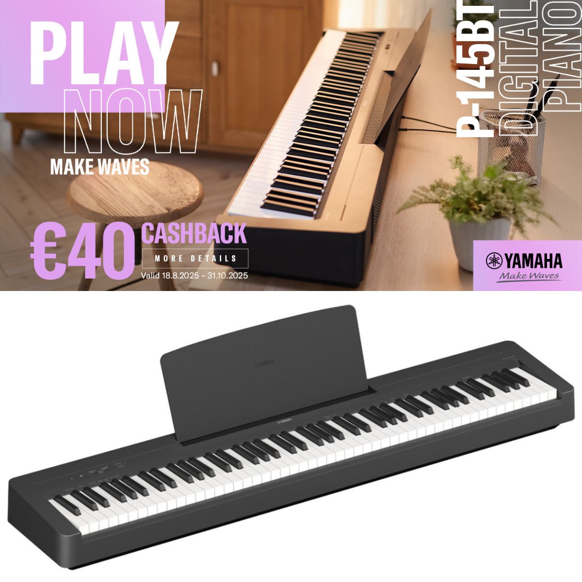 Yamaha P-145BT | Compact Portable | 88 note Digital Piano | BLUETOOTH | see CASHBACK OFFER | Waltons Music Yamaha P-145BT | Compact Portable | 88 note Digital Piano | BLUETOOTH | see CASHBACK OFFER