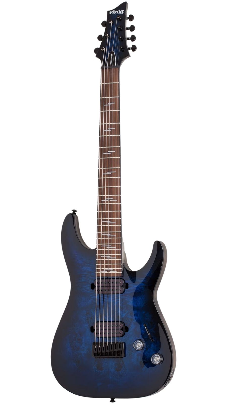 Schecter SCH2458 Omen Elite7 String Electric| See-thru Blue Burst | Waltons Music Schecter SCH2458 Omen Elite7 String Electric| See-thru Blue Burst