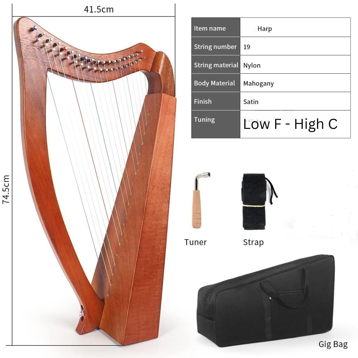 Waltons WH-19 | 19 Nylon string elementary Harp | Levers | F to C | Mahogany | Waltons Music Waltons WH-19 | 19 Nylon string elementary Harp | Levers | F to C | Mahogany - Image 3