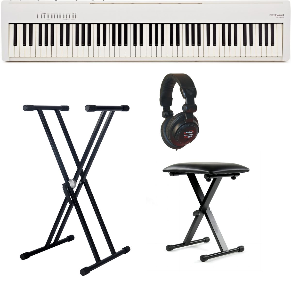 Roland FP30X-1 | Piano Bundle with X style Stand, Bench and Prodipe Quality Headphones | White | Waltons Music Roland FP30X-1 | Piano Bundle with X style Stand, Bench and Prodipe Quality Headphones | White