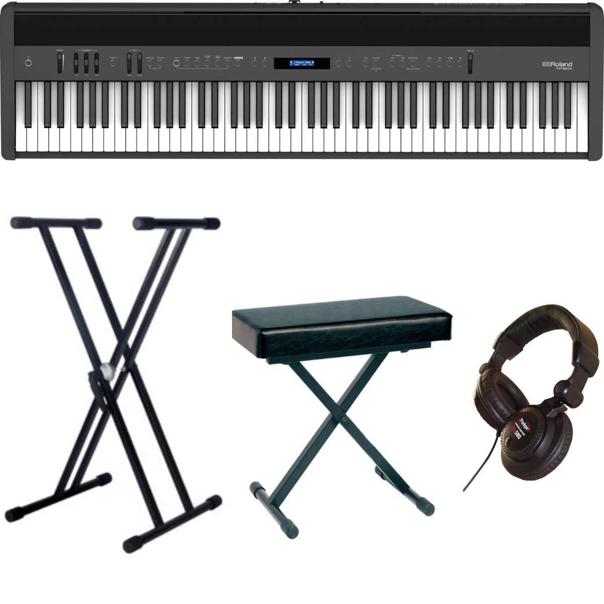 Roland FP60X-1 | Piano Bundle with X style Stand, Padded Bench and Headphones | Black | Waltons Music Roland FP60X-1 | Piano Bundle with X style Stand, Padded Bench and Headphones | Black