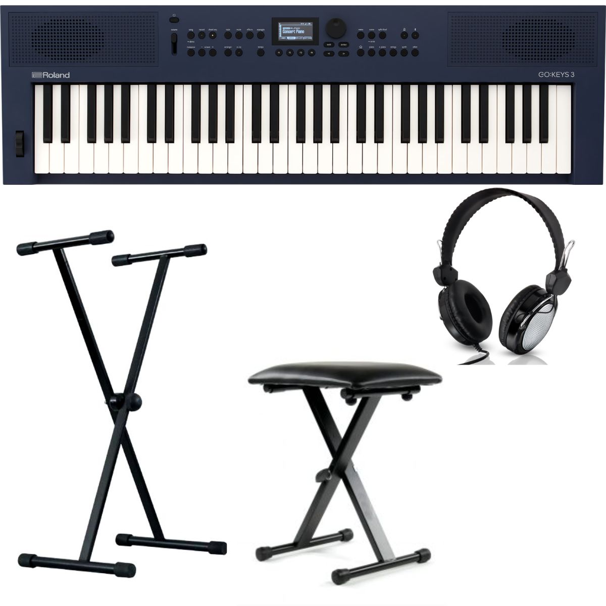 Roland GO keys 3 Bundle | with Stand, Headphones, Bench | Midnight Blue | Waltons Music Roland GO keys 3 Bundle | with Stand, Headphones, Bench | Midnight Blue